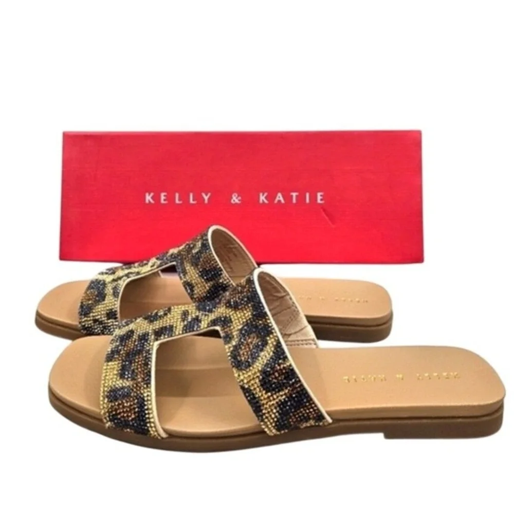 Kelly &‎ Katie Frillian Leopard Rhinestone Slide Sandals Tan Women's9M